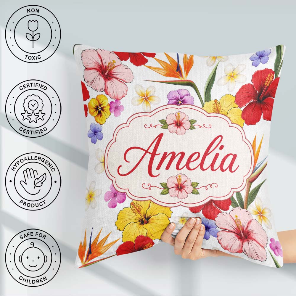 Custom Name Tropical Hibiscus of Paradise Seamless Pattern White Square Filled Cushion Throw Pillow Sofa Bed Home Decor Zip Washable UK Made