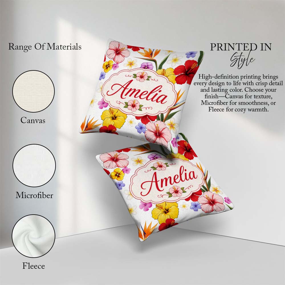 Custom Name Tropical Hibiscus of Paradise Seamless Pattern White Square Filled Cushion Throw Pillow Sofa Bed Home Decor Zip Washable UK Made