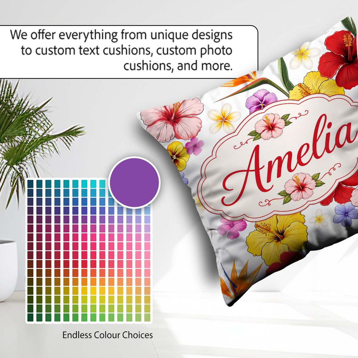 Custom Name Tropical Hibiscus of Paradise Seamless Pattern White Square Filled Cushion Throw Pillow Sofa Bed Home Decor Zip Washable UK Made
