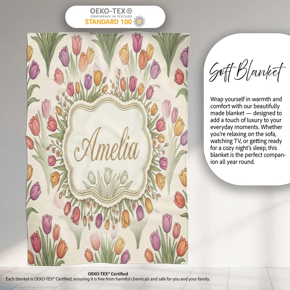 Elegant Tulip Floral Seamless Pattern Neutral Background Spring Personalised Custom Name Super Soft Fleece Blanket Bed Sofa Throw
