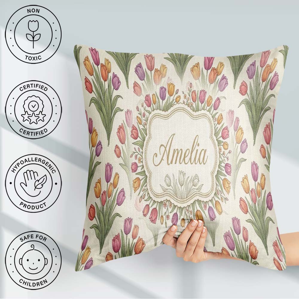 Custom Name Elegant Tulip Floral Seamless Pattern Neutral Spring Square Filled Cushion Throw Pillow Sofa Bed Home Decor Zip Washable UK Made