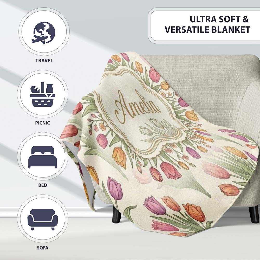 Elegant Tulip Floral Seamless Pattern Neutral Background Spring Personalised Custom Name Super Soft Fleece Blanket Bed Sofa Throw