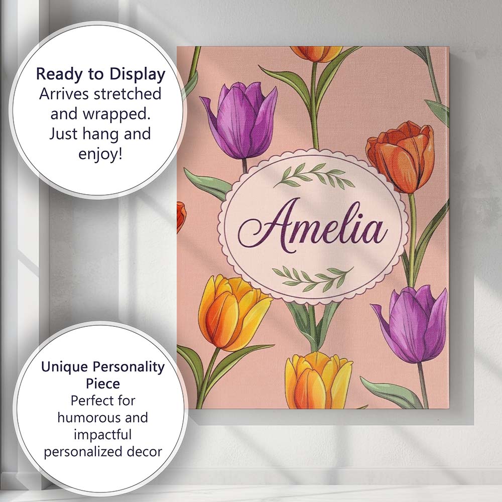 Personalised Name Elegant Tulip Floral Custom Unique Gift Idea Modern Room Accent Canvas Wall Art Print Decor Picture Ready to Hang