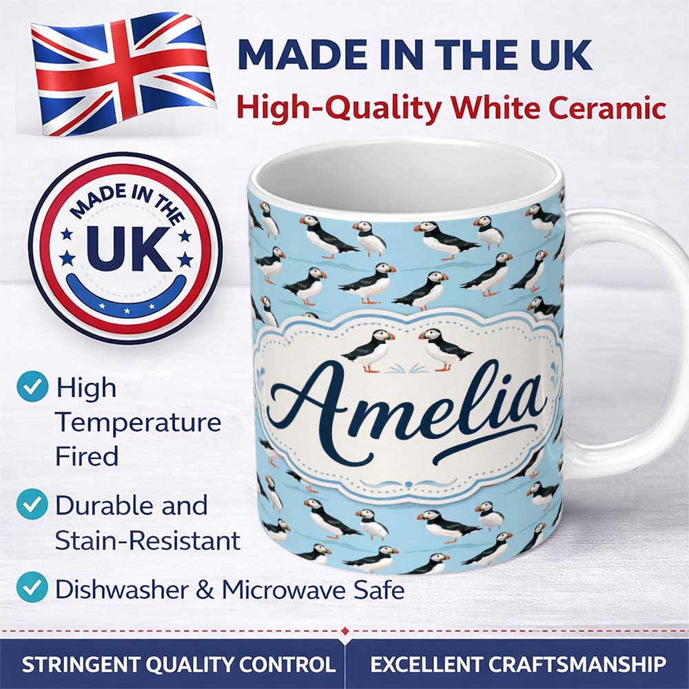 Personalized Custom Name Minimal Puffin Bird Pattern Clean Blue Background Seamless Design 11oz Ceramic Coffee Tea Mug White Large Handle