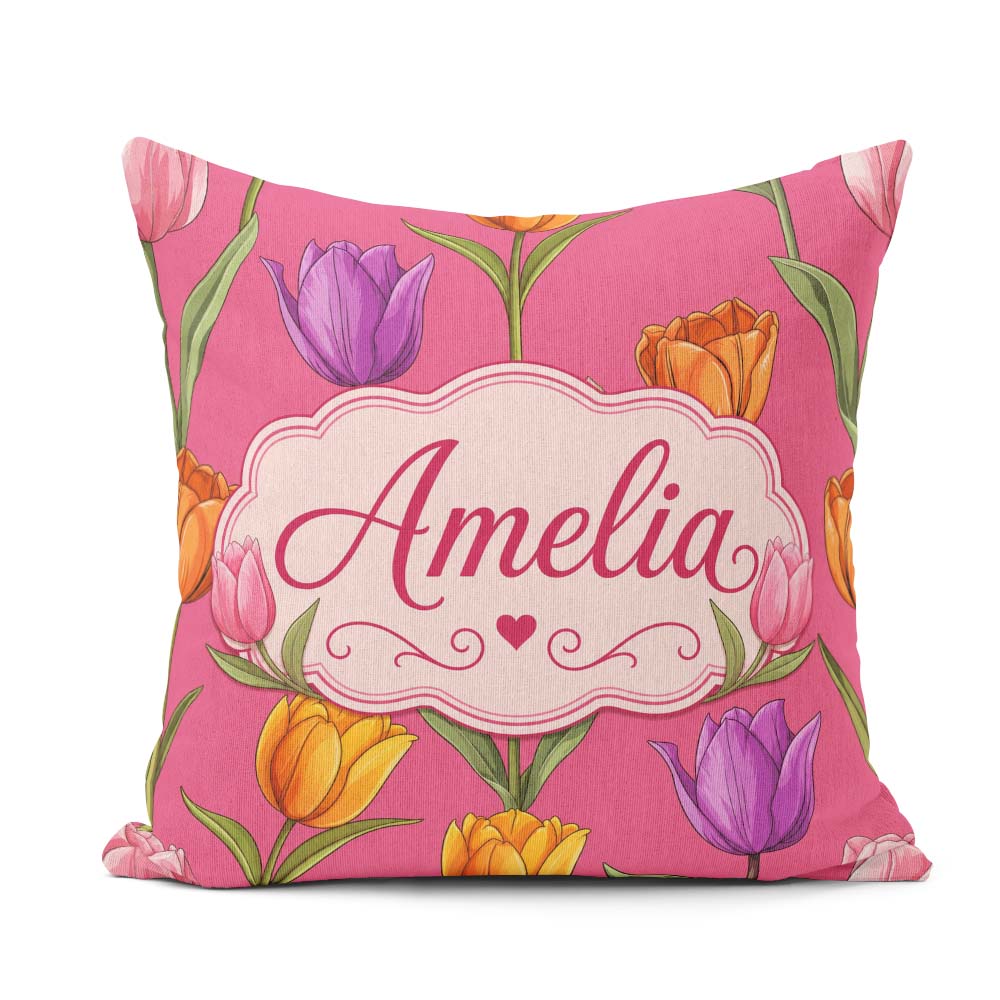 Custom Name Elegant Tulip Floral Seamless Bright Pink Background Square Filled Cushion Throw Pillow Sofa Bed Home Decor Zip Washable UK Made