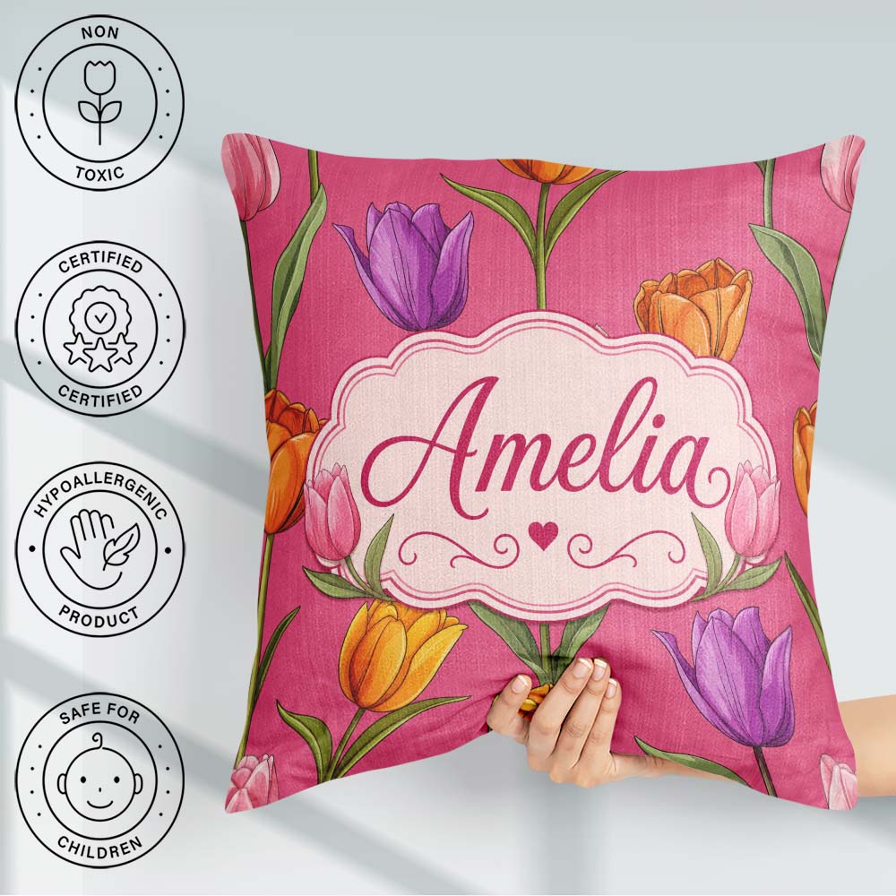 Custom Name Elegant Tulip Floral Seamless Bright Pink Background Square Filled Cushion Throw Pillow Sofa Bed Home Decor Zip Washable UK Made