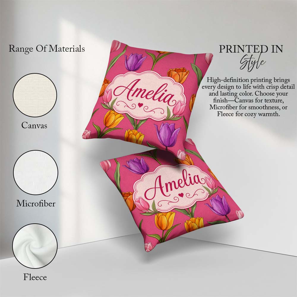 Custom Name Elegant Tulip Floral Seamless Bright Pink Background Square Filled Cushion Throw Pillow Sofa Bed Home Decor Zip Washable UK Made