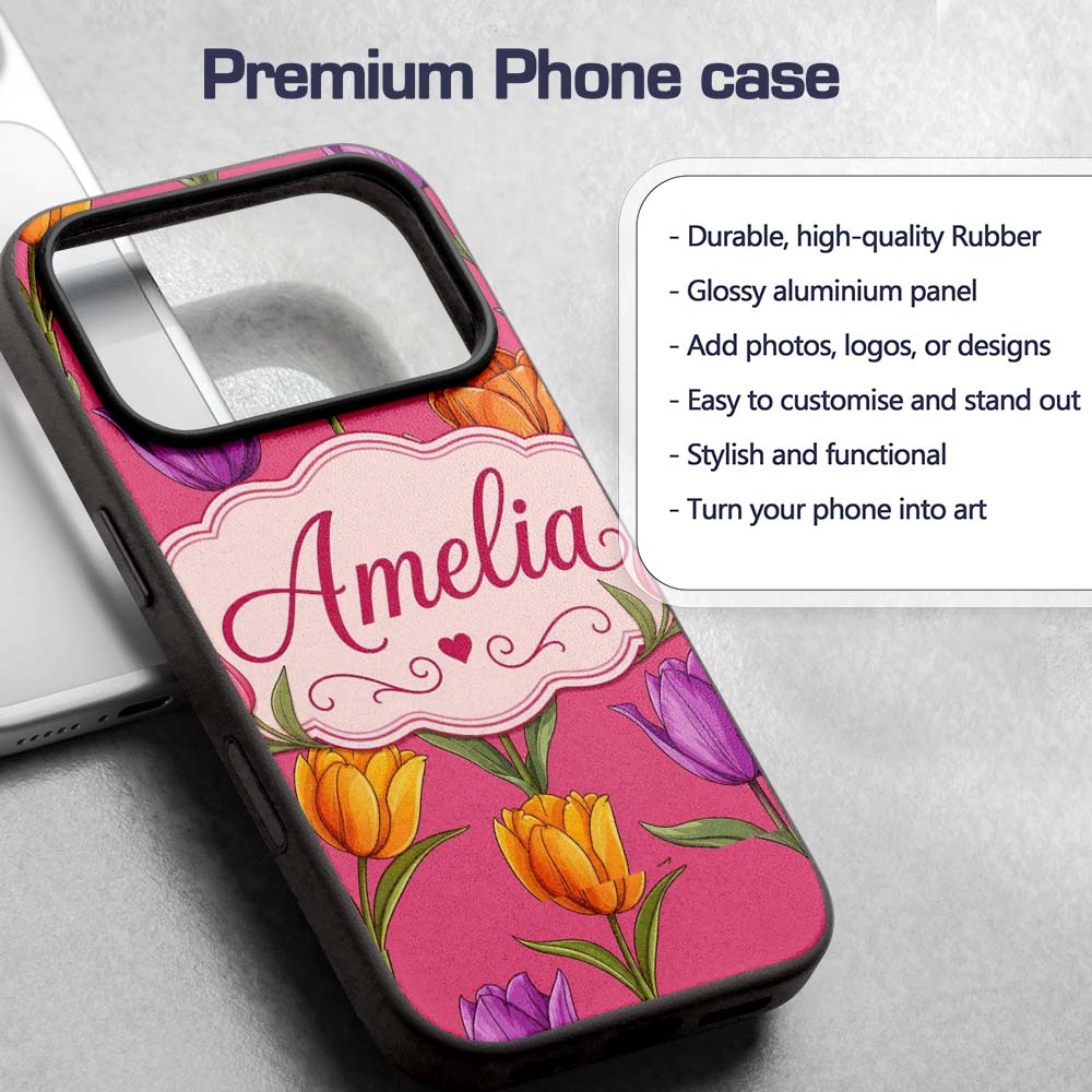 Elegant Tulip Floral Seamless Pattern Bright Pink Custom Name Protective Phone Case Mobile Cover Durable Everyday Smartphone Shock Resistant