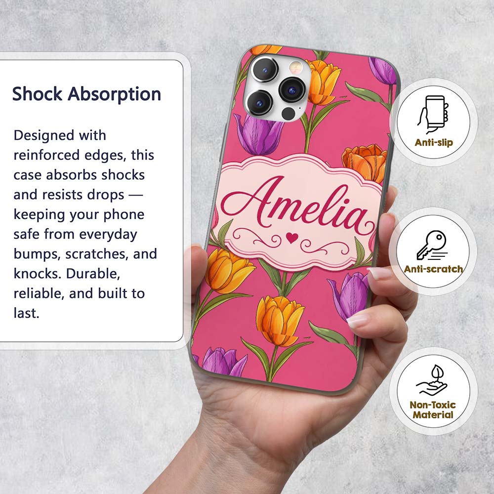 Elegant Tulip Floral Seamless Pattern Bright Pink Custom Name Protective Phone Case Mobile Cover Durable Everyday Smartphone Shock Resistant