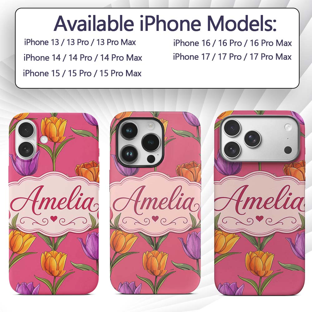 Elegant Tulip Floral Seamless Pattern Bright Pink Custom Name Protective Phone Case Mobile Cover Durable Everyday Smartphone Shock Resistant