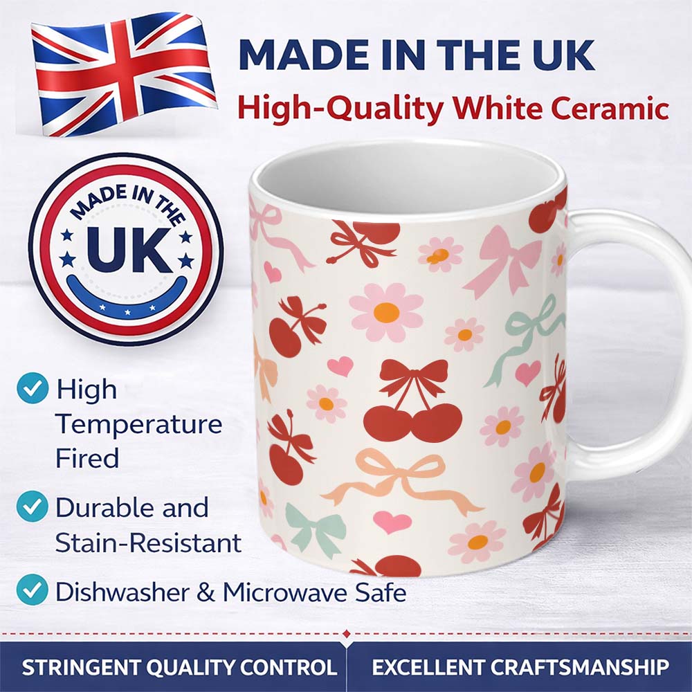 Personalized Custom Name Cute Cherry Bow Daisy Heart Seamless Pattern on Light Neutral Cream 11oz Ceramic Coffee Tea Mug White Large Handle