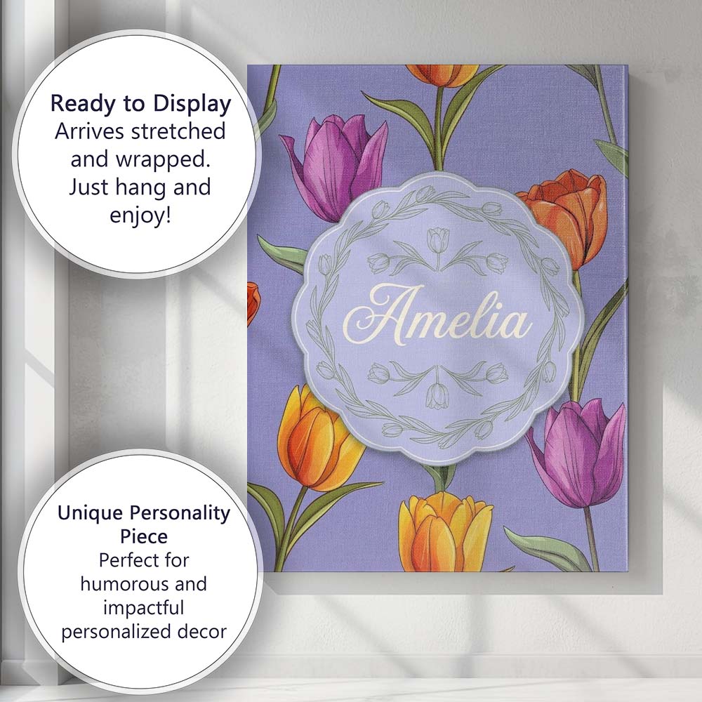 Personalised Name Elegant Tulip Floral Custom Unique Gift Idea Modern Room Accent Canvas Wall Art Print Decor Picture Ready to Hang