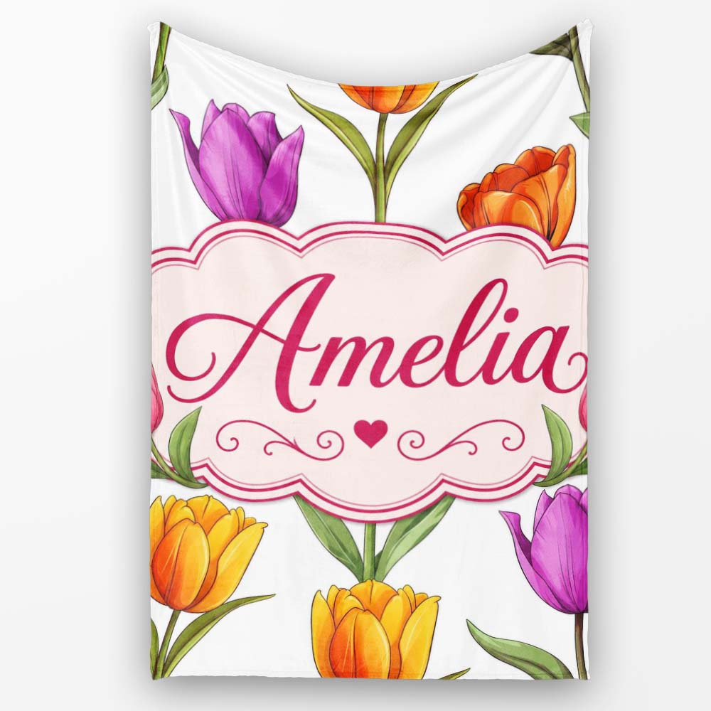 Elegant Tulip Floral Seamless Pattern Light Grey Background Spring Personalised Custom Name Super Soft Fleece Blanket Bed Sofa Throw