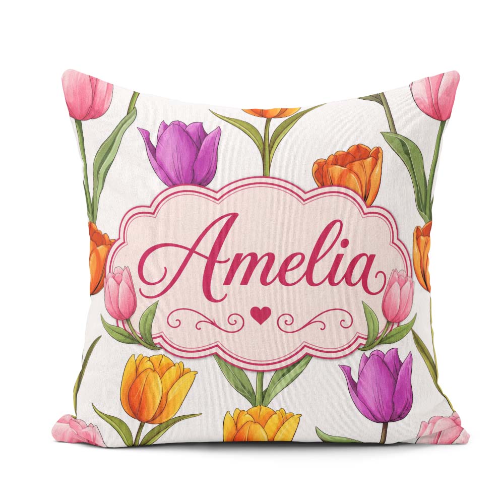 Custom Name Elegant Tulip Seamless Pattern Light Grey Background Square Filled Cushion Throw Pillow Sofa Bed Home Decor Zip Washable UK Made