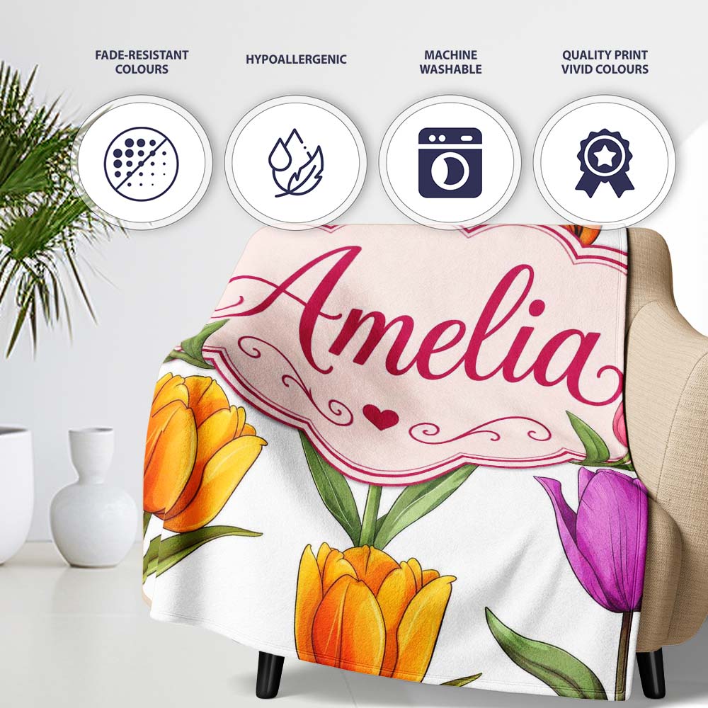 Elegant Tulip Floral Seamless Pattern Light Grey Background Spring Personalised Custom Name Super Soft Fleece Blanket Bed Sofa Throw