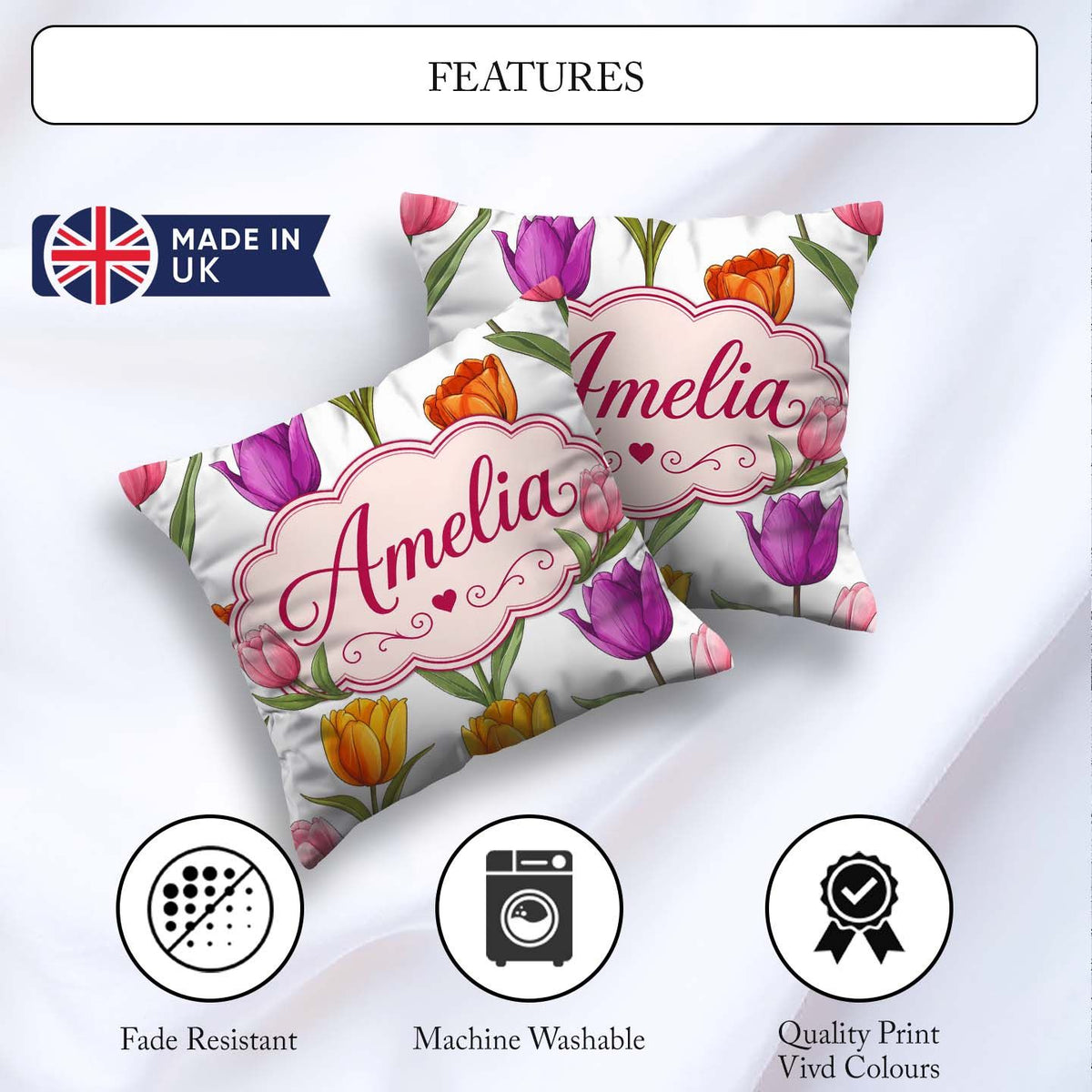 Custom Name Elegant Tulip Seamless Pattern Light Grey Background Square Filled Cushion Throw Pillow Sofa Bed Home Decor Zip Washable UK Made