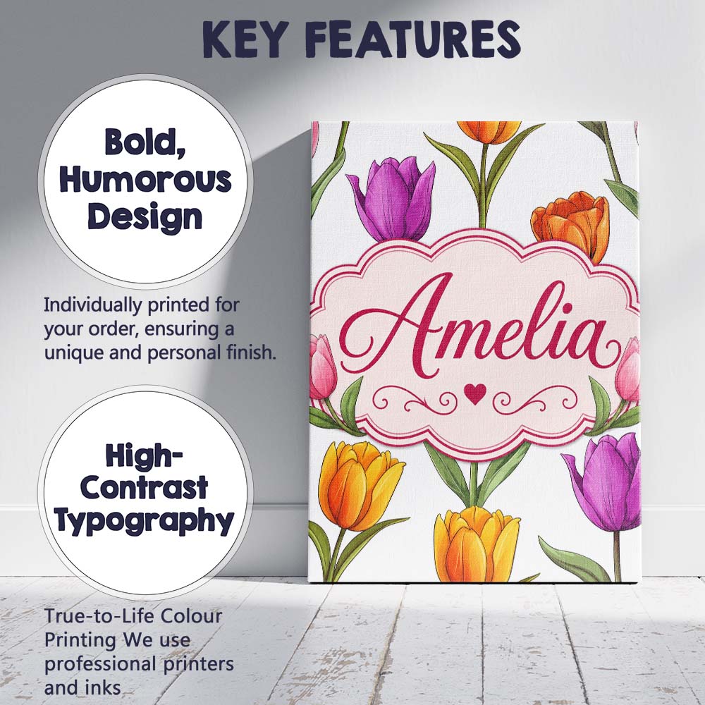 Personalised Name Elegant Tulip Floral Custom Unique Gift Idea Modern Room Accent Canvas Wall Art Print Decor Picture Ready to Hang