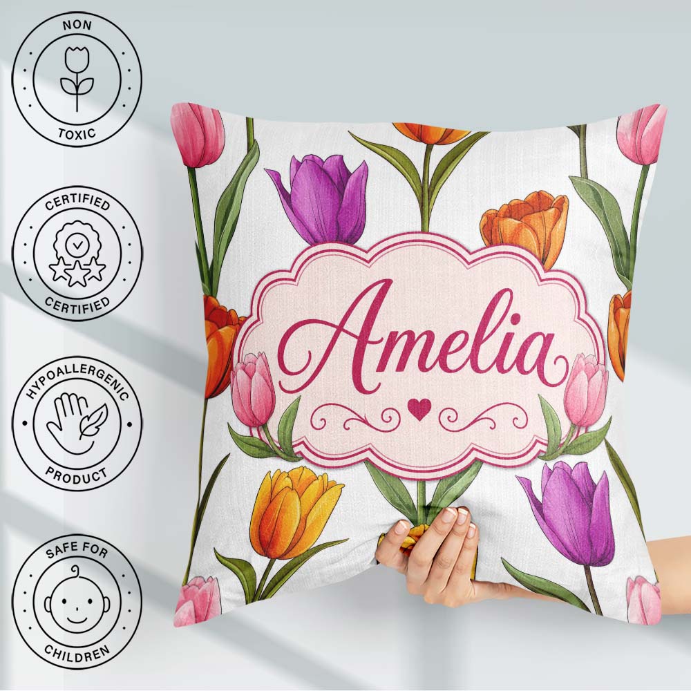 Custom Name Elegant Tulip Seamless Pattern Light Grey Background Square Filled Cushion Throw Pillow Sofa Bed Home Decor Zip Washable UK Made