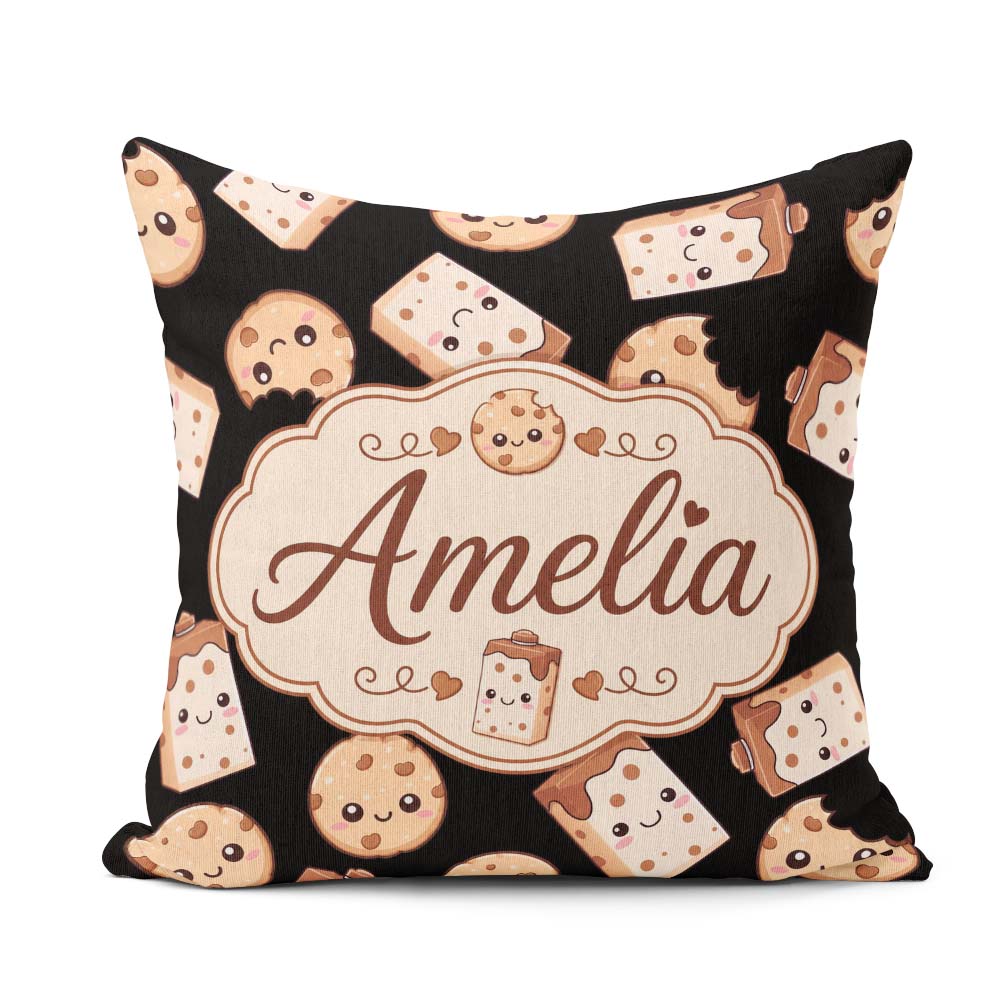 Custom Name Cute Kawaii Cookies and Milk Seamless Pattern Treats Square Filled Cushion Throw Pillow Sofa Bed Home Decor Zip Washable UK Made