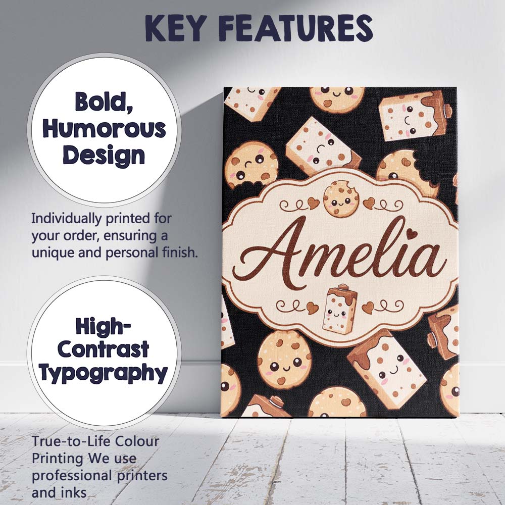 Personalised Name Cute Kawaii Cookies and Custom Unique Gift Idea Elegant Feature Canvas Wall Art Print Decor Picture Ready to Hang