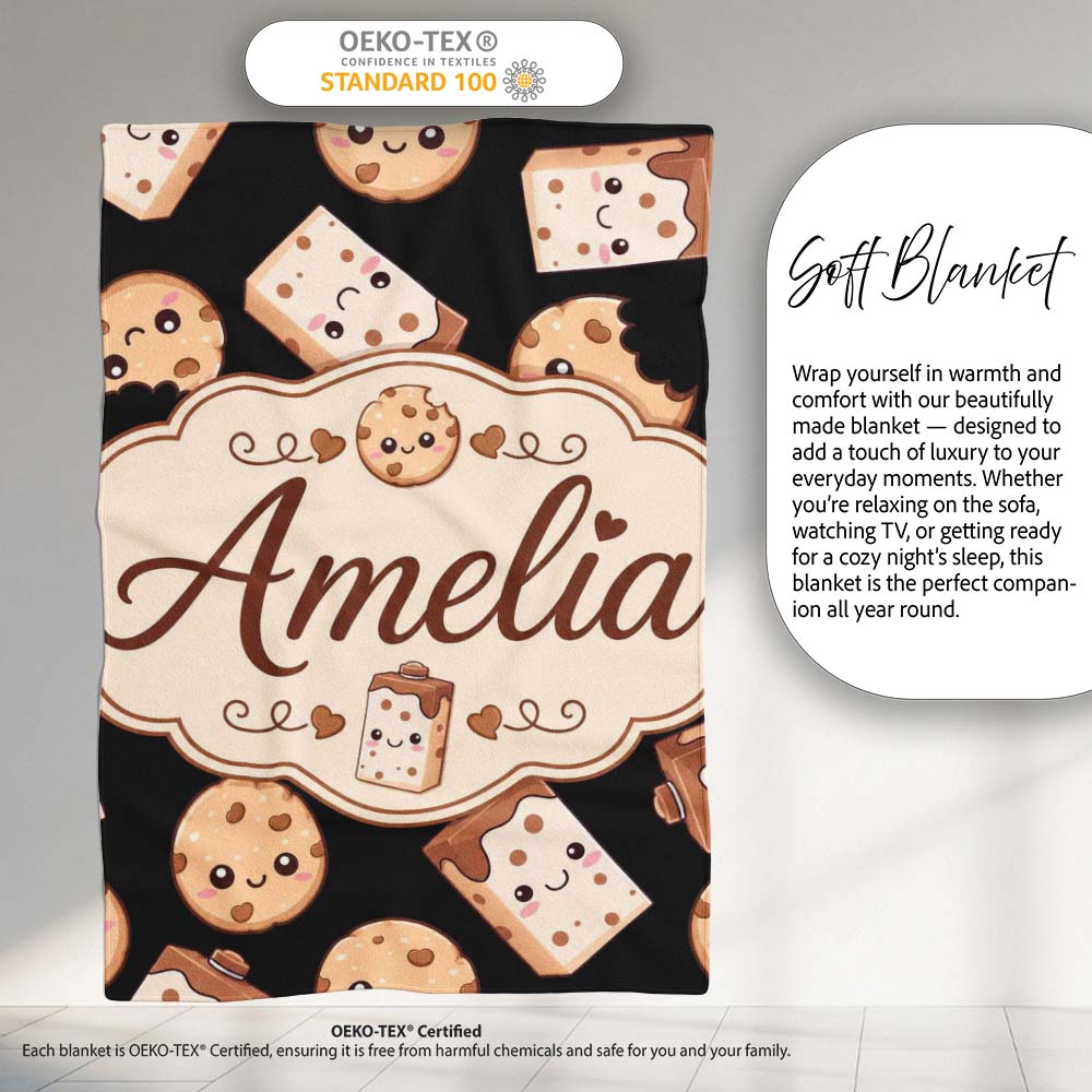 Cute Kawaii Cookies and Milk Seamless Pattern Sweet Treats Lovely Personalised Custom Name Super Soft Fleece Blanket Bed Sofa Throw