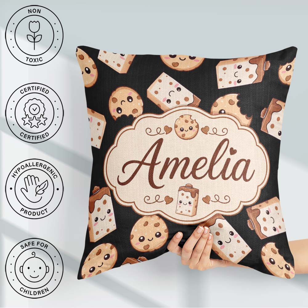 Custom Name Cute Kawaii Cookies and Milk Seamless Pattern Treats Square Filled Cushion Throw Pillow Sofa Bed Home Decor Zip Washable UK Made