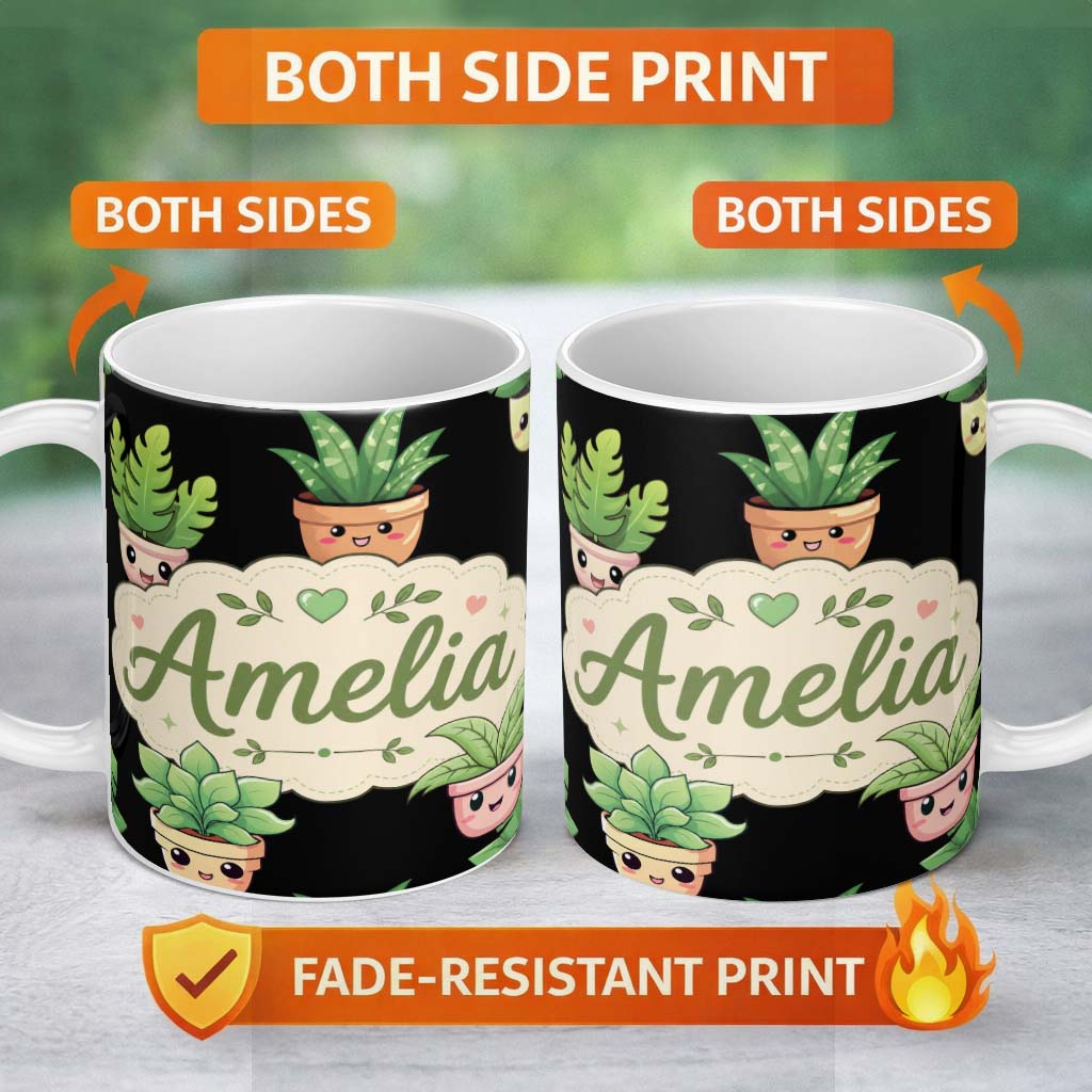 Personalized Custom Name Cute Kawaii Cute Plant Pots Leaves Seamless Pattern Black Background 11oz Ceramic Coffee Tea Mug White Large Handle