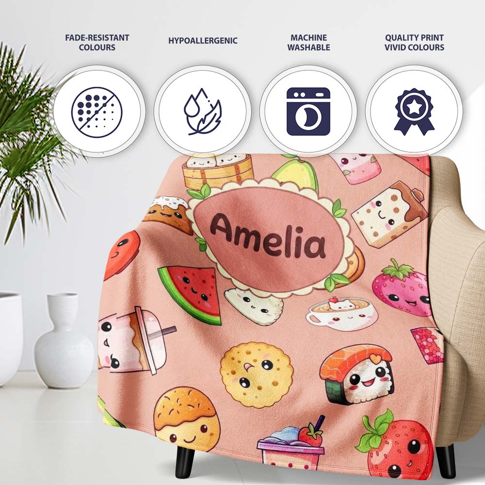 Cute Kawaii Food Characters Seamless Pattern Peach Background Fun Personalised Custom Name Super Soft Fleece Blanket Bed Sofa Throw