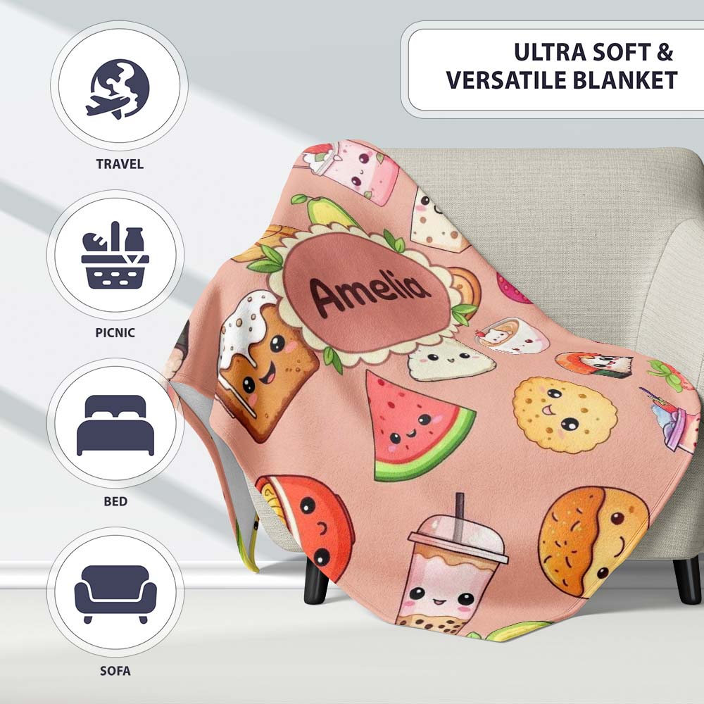 Cute Kawaii Food Characters Seamless Pattern Peach Background Fun Personalised Custom Name Super Soft Fleece Blanket Bed Sofa Throw