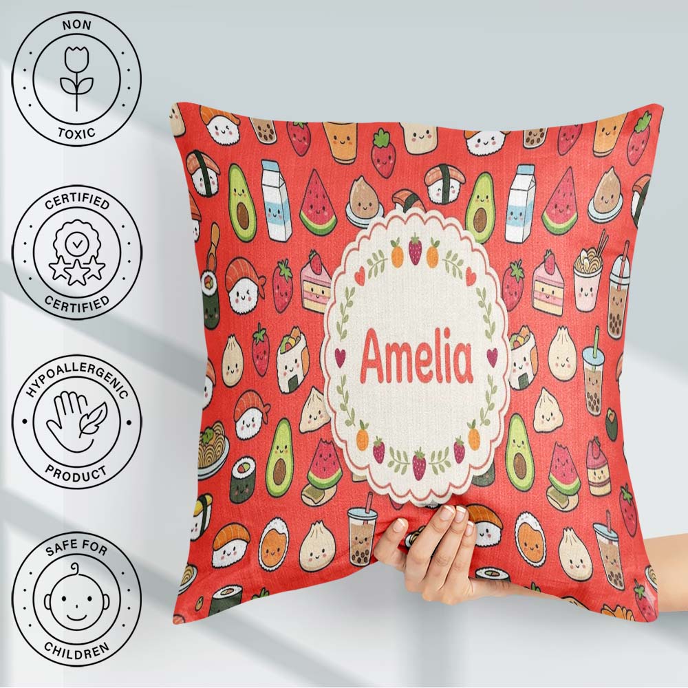 Custom Name Cute Kawaii Food Characters Seamless Pattern Red Fun Square Filled Cushion Throw Pillow Sofa Bed Home Decor Zip Washable UK Made