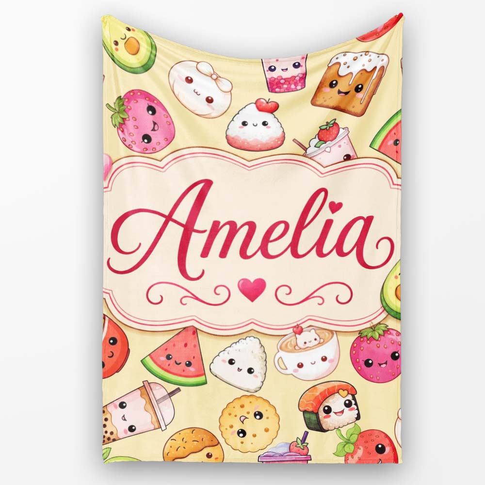 Cute Kawaii Food Characters Seamless Pattern Yellow Background Fun Personalised Custom Name Super Soft Fleece Blanket Bed Sofa Throw