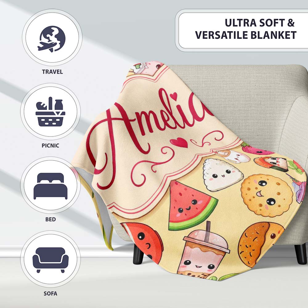 Cute Kawaii Food Characters Seamless Pattern Yellow Background Fun Personalised Custom Name Super Soft Fleece Blanket Bed Sofa Throw