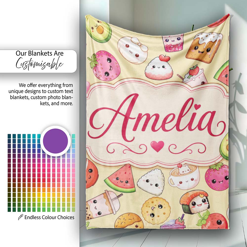 Cute Kawaii Food Characters Seamless Pattern Yellow Background Fun Personalised Custom Name Super Soft Fleece Blanket Bed Sofa Throw