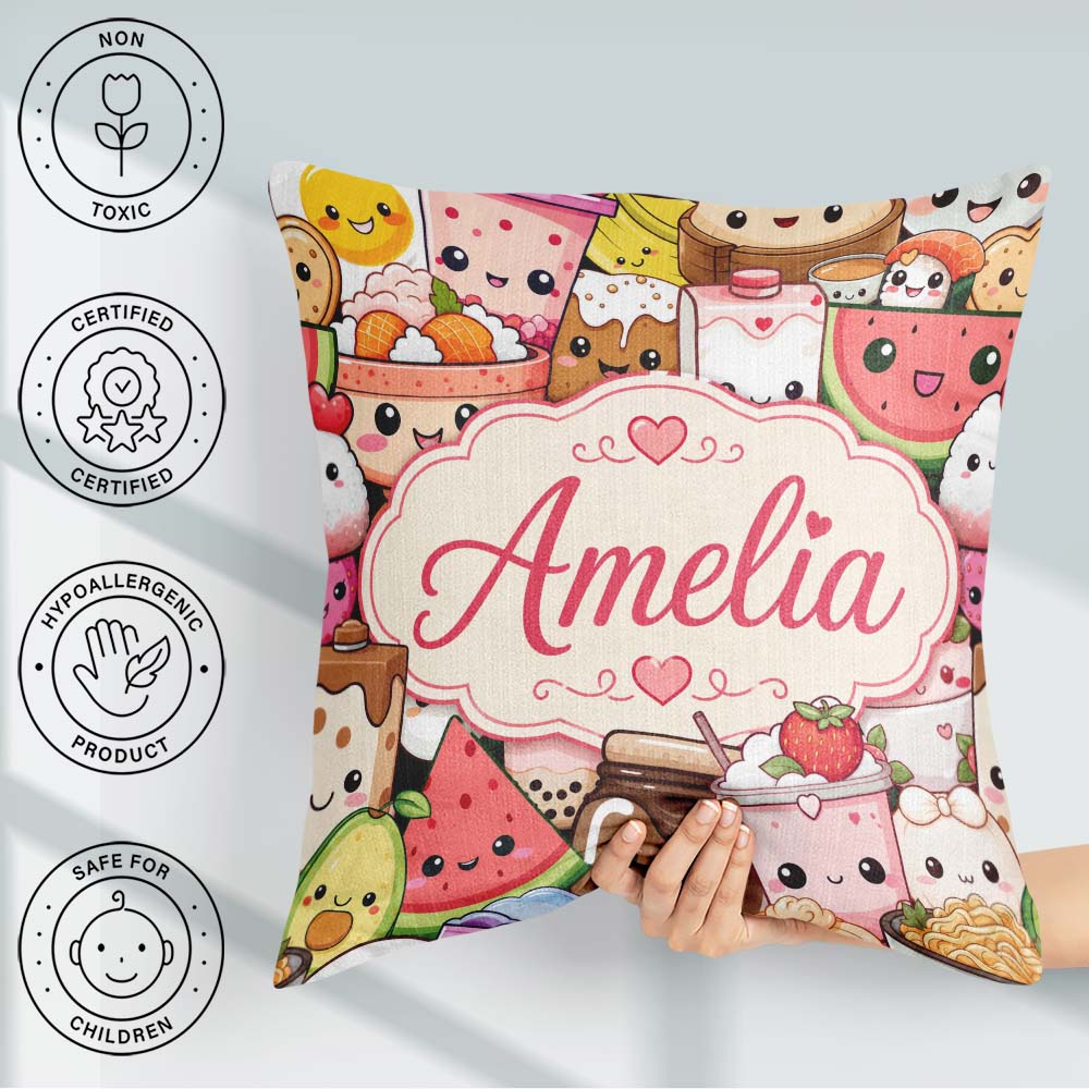 Custom Name Kawaii Food Characters Seamless Cream Background Fun Square Filled Cushion Throw Pillow Sofa Bed Home Decor Zip Washable UK Made