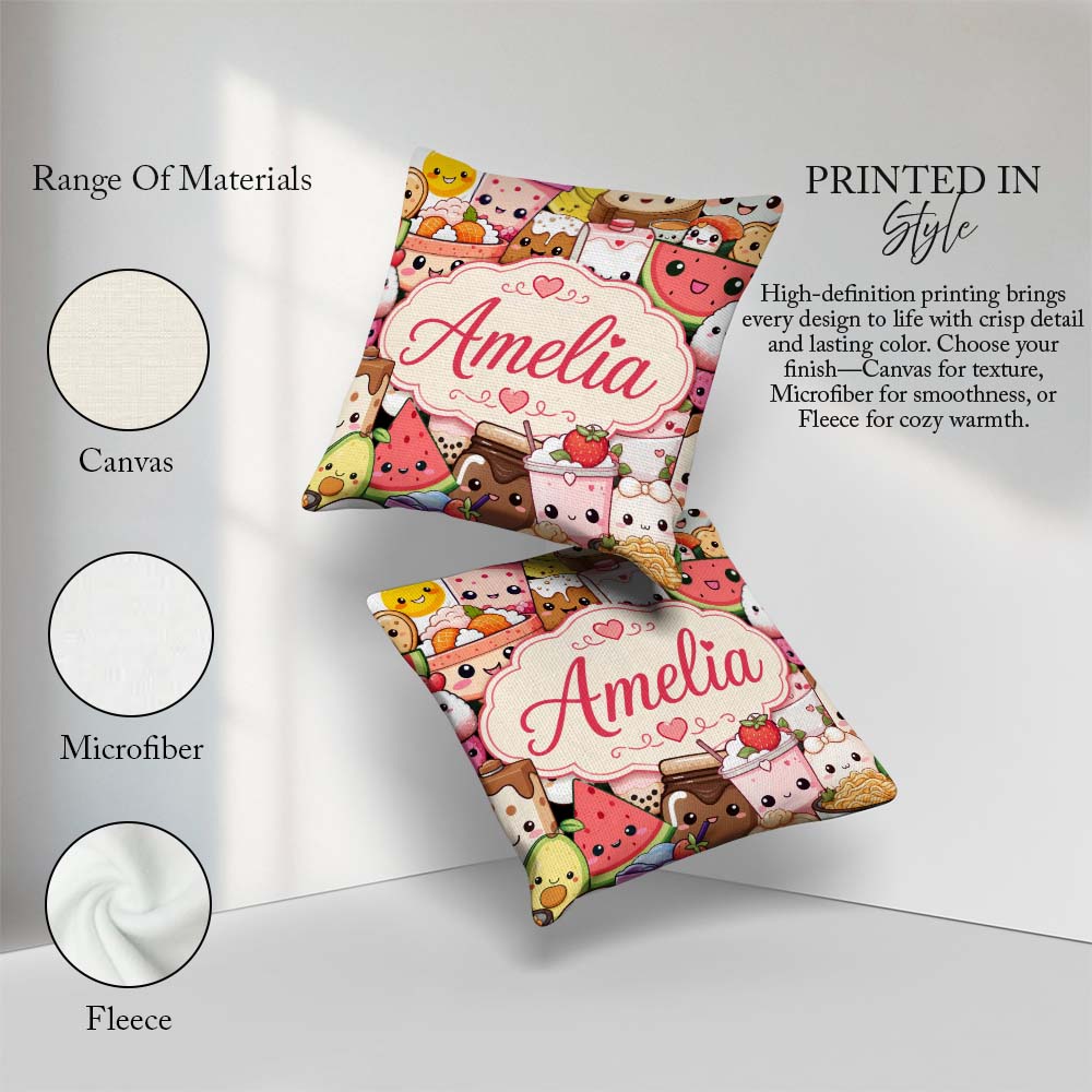 Custom Name Kawaii Food Characters Seamless Cream Background Fun Square Filled Cushion Throw Pillow Sofa Bed Home Decor Zip Washable UK Made