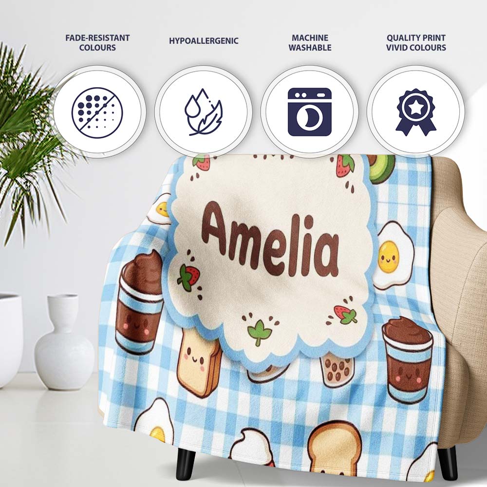 Cute Kawaii Food Collage Pattern Sweet Treats And Drinks Lovely Personalised Custom Name Super Soft Fleece Blanket Bed Sofa Throw