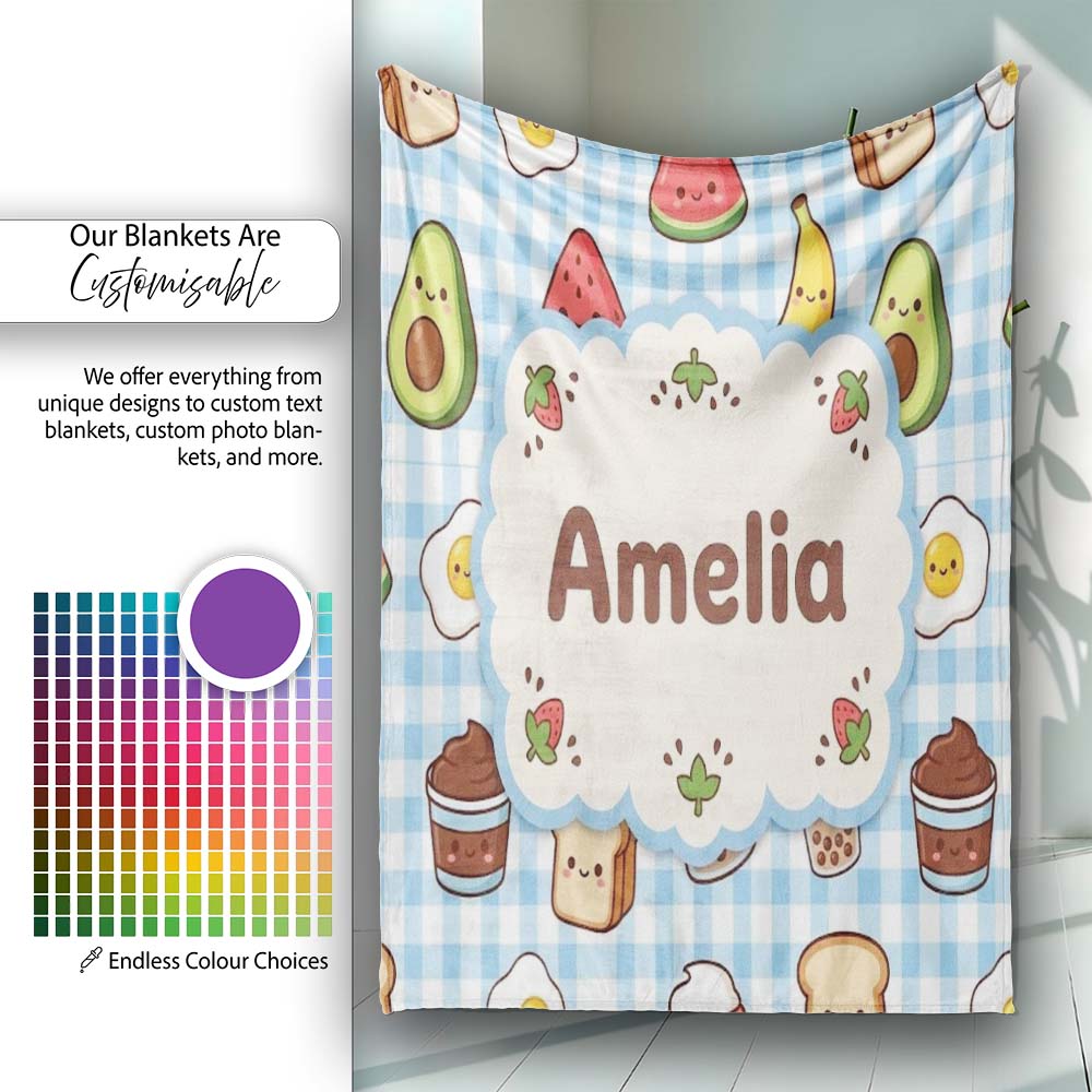 Cute Kawaii Food Collage Pattern Sweet Treats And Drinks Lovely Personalised Custom Name Super Soft Fleece Blanket Bed Sofa Throw