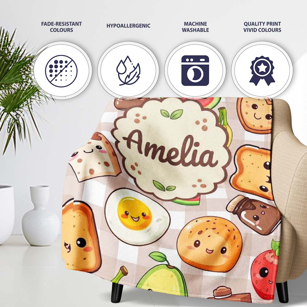 Cute Kawaii Breakfast Food Seamless Pattern Blue Gingham Background Personalised Custom Name Super Soft Fleece Blanket Bed Sofa Throw