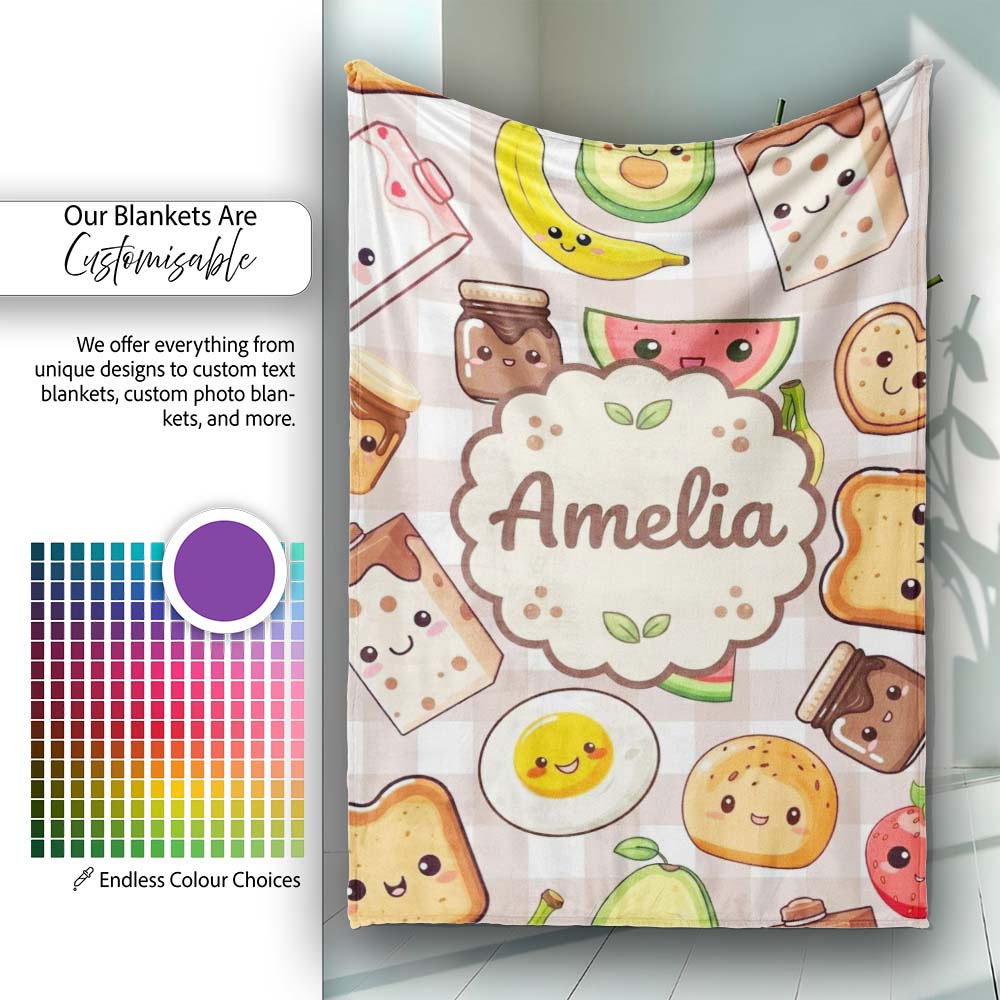 Cute Kawaii Breakfast Food Seamless Pattern Blue Gingham Background Personalised Custom Name Super Soft Fleece Blanket Bed Sofa Throw