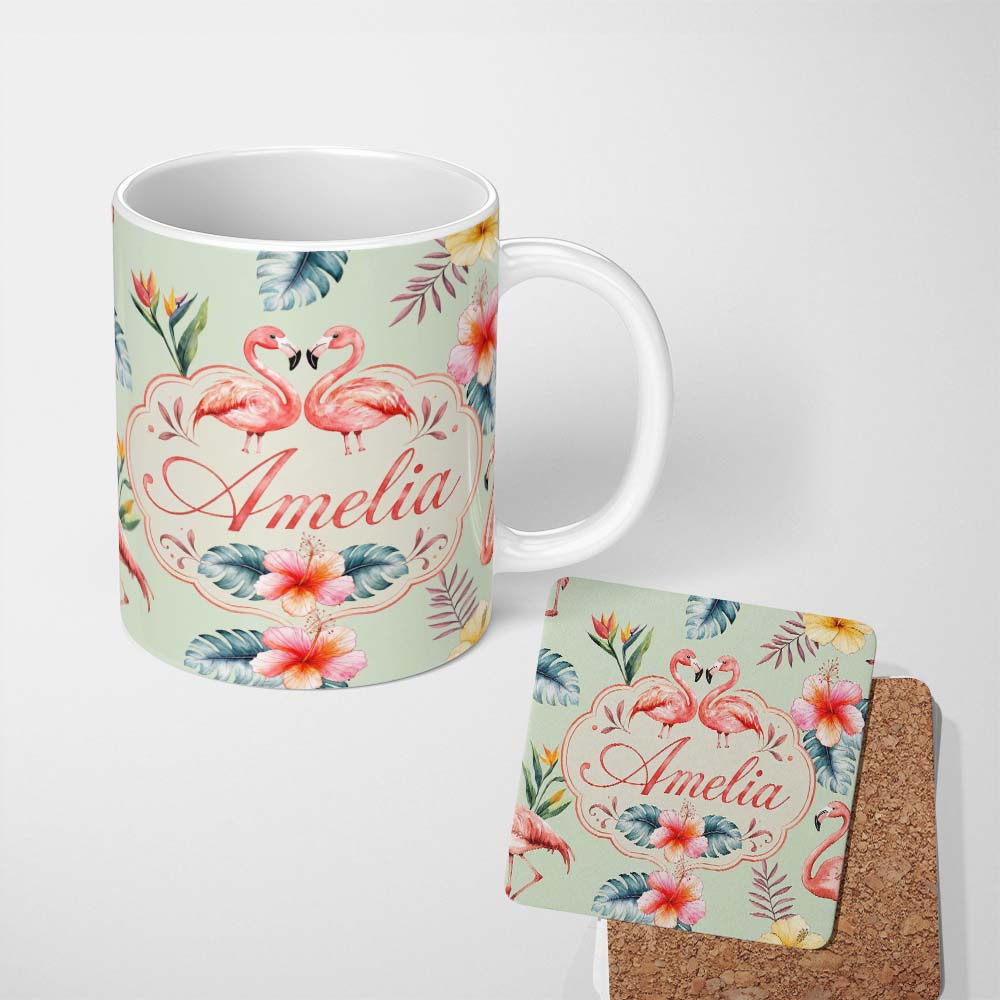 Personalized Custom Name Elegant Pink Flamingos Tropical Flowers on Sage Green Background 11oz Ceramic Coffee Tea Mug White Large Handle