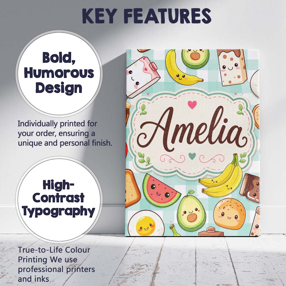 Personalised Name Cute Kawaii Breakfast Custom Modern Room Accent Elegant Feature Canvas Wall Art Print Decor Picture Ready to Hang