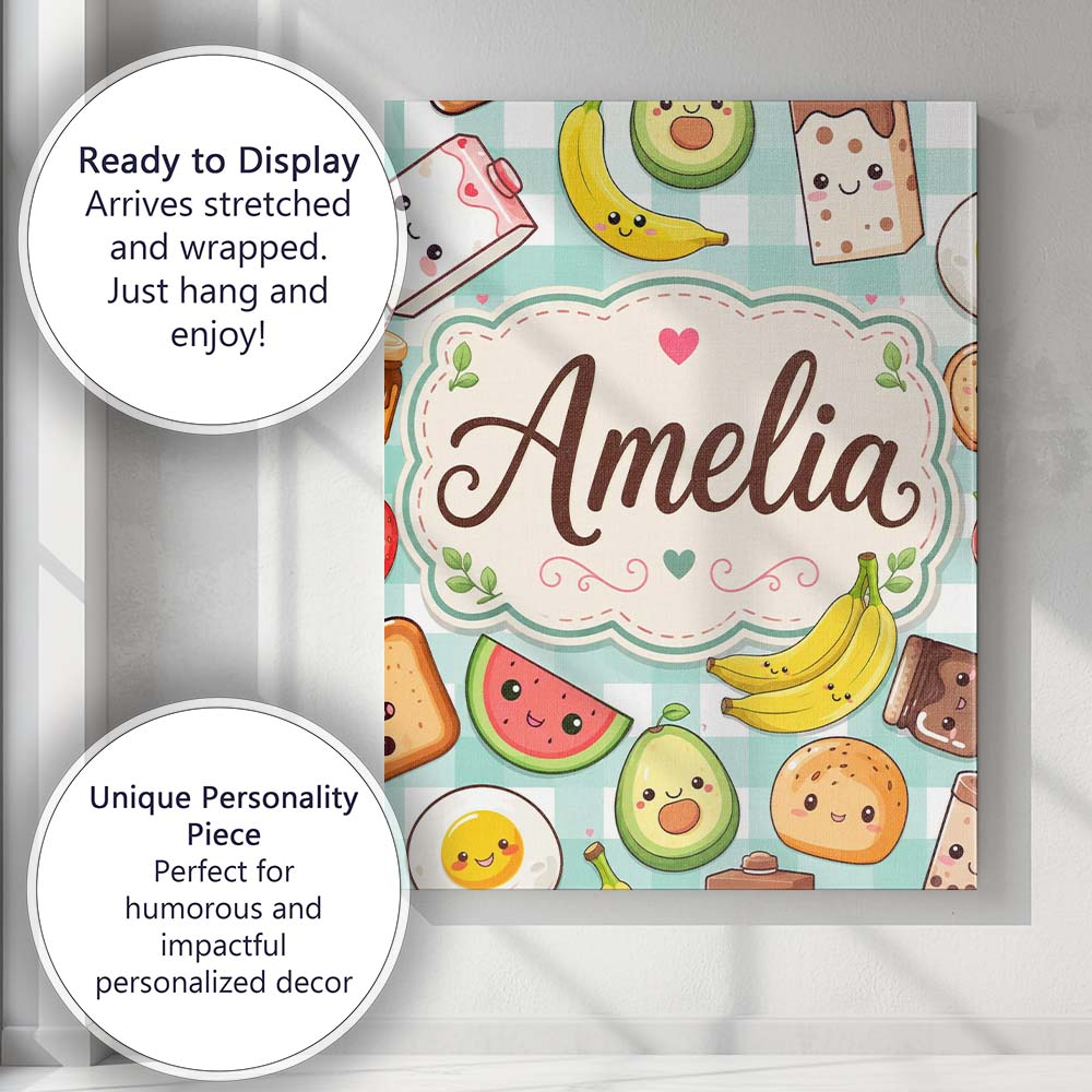Personalised Name Cute Kawaii Breakfast Custom Modern Room Accent Elegant Feature Canvas Wall Art Print Decor Picture Ready to Hang
