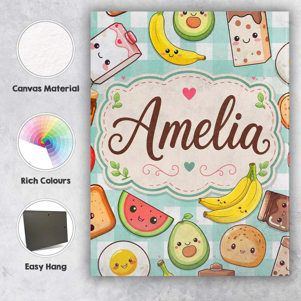 Personalised Name Cute Kawaii Breakfast Custom Modern Room Accent Elegant Feature Canvas Wall Art Print Decor Picture Ready to Hang