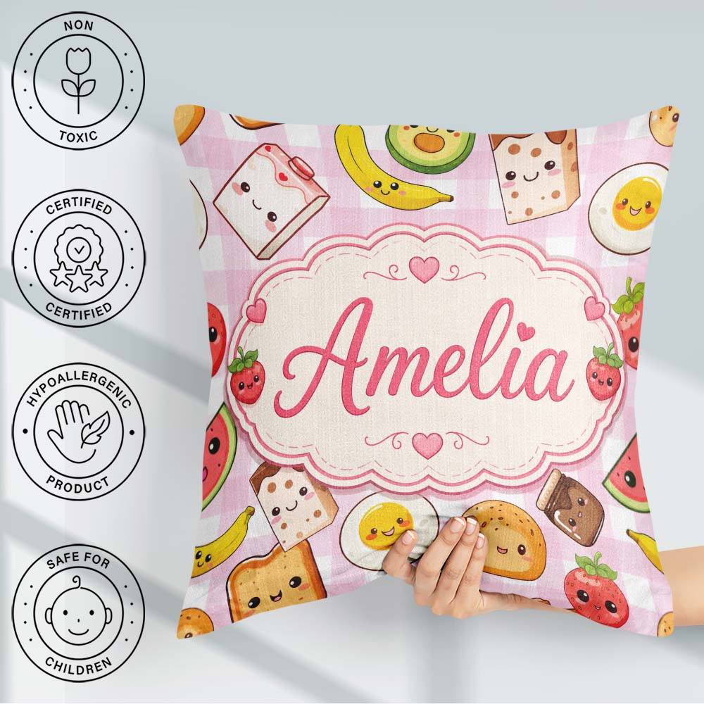 Custom Name Kawaii Food Seamless Pattern Pink Gingham Background Square Filled Cushion Throw Pillow Sofa Bed Home Decor Zip Washable UK Made