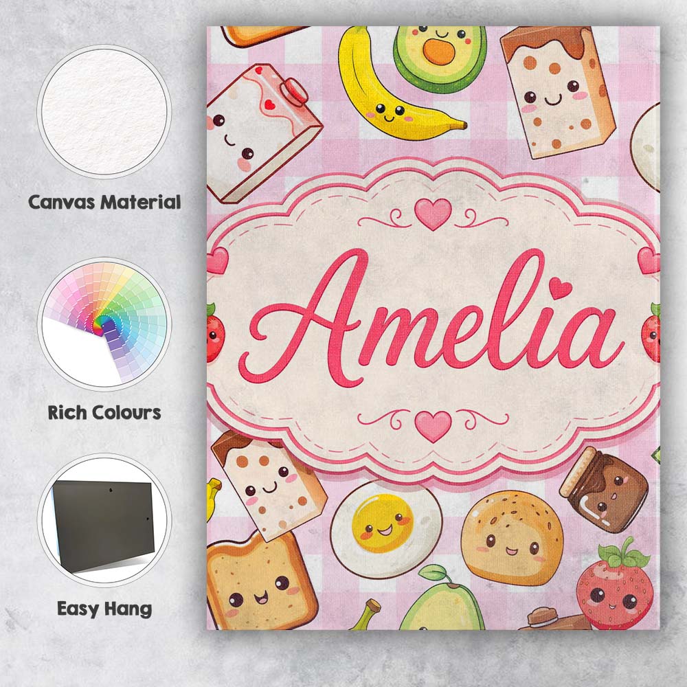 Personalised Name Cute Kawaii Breakfast Custom Modern Room Accent Elegant Feature Canvas Wall Art Print Decor Picture Ready to Hang