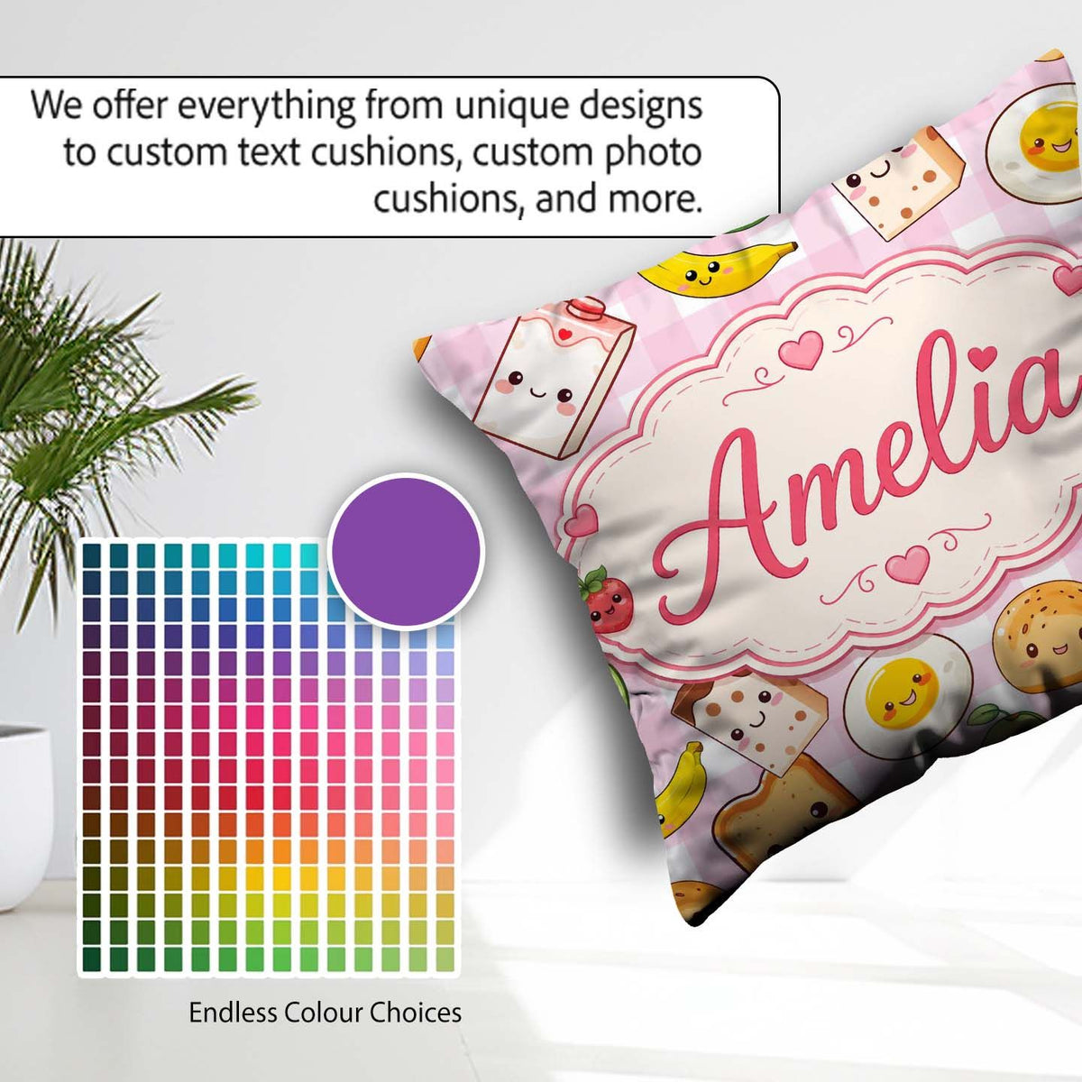 Custom Name Kawaii Food Seamless Pattern Pink Gingham Background Square Filled Cushion Throw Pillow Sofa Bed Home Decor Zip Washable UK Made