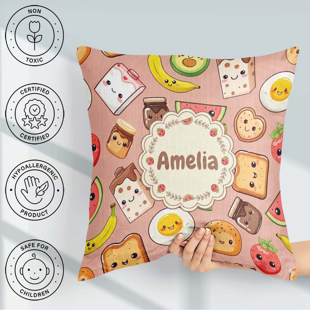 Custom Name Breakfast Food Seamless Pattern Beige Background Fun Square Filled Cushion Throw Pillow Sofa Bed Home Decor Zip Washable UK Made