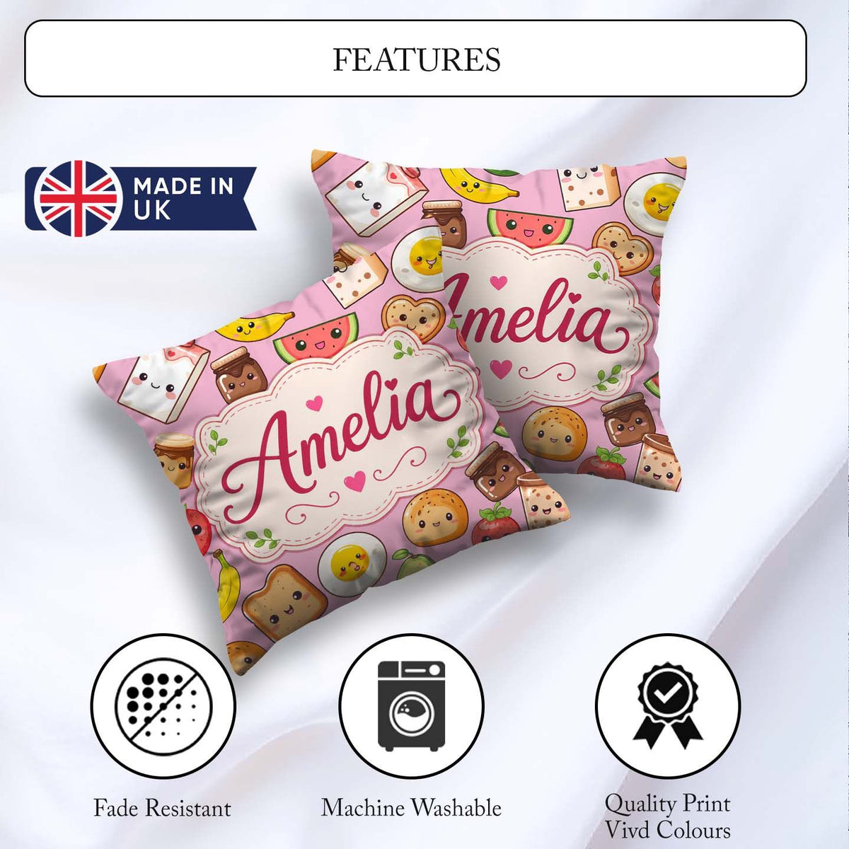 Custom Name Kawaii Breakfast Food Seamless Light Pink Background Square Filled Cushion Throw Pillow Sofa Bed Home Decor Zip Washable UK Made