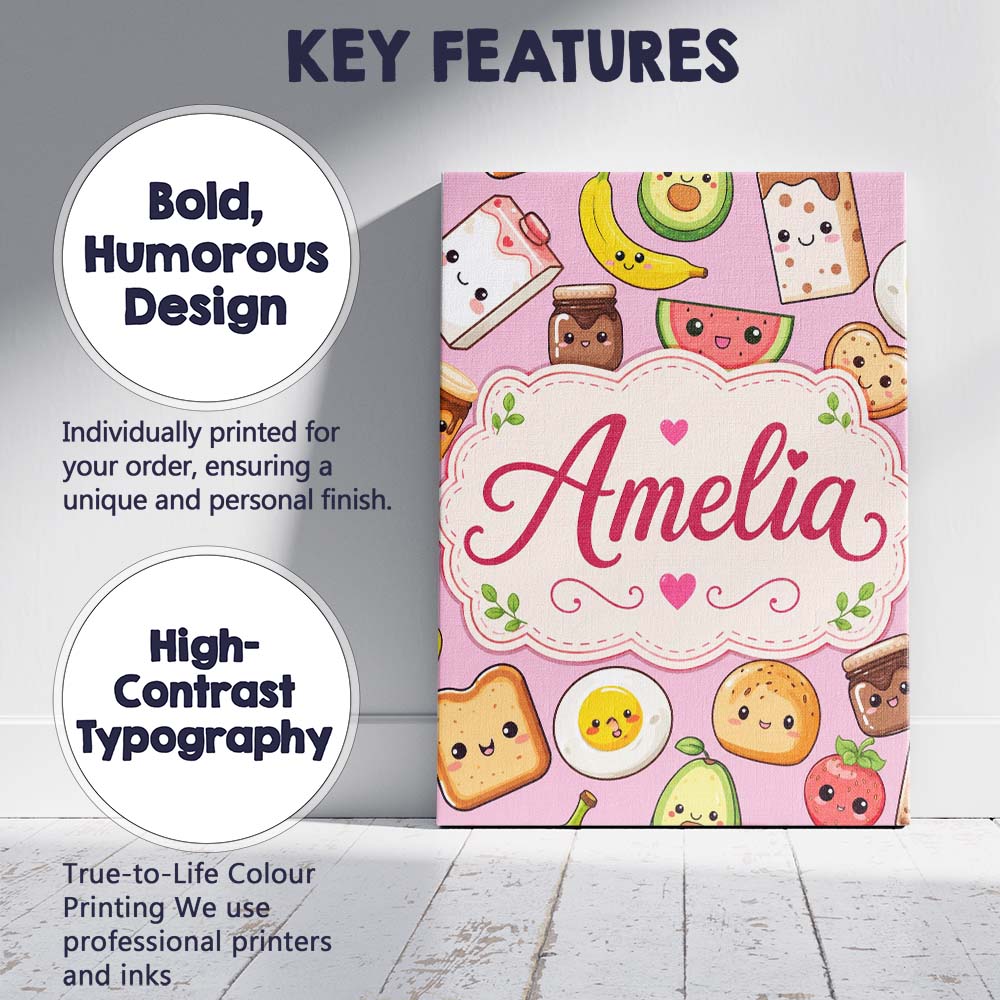Personalised Name Cute Kawaii Breakfast Custom Modern Room Accent Elegant Feature Canvas Wall Art Print Decor Picture Ready to Hang
