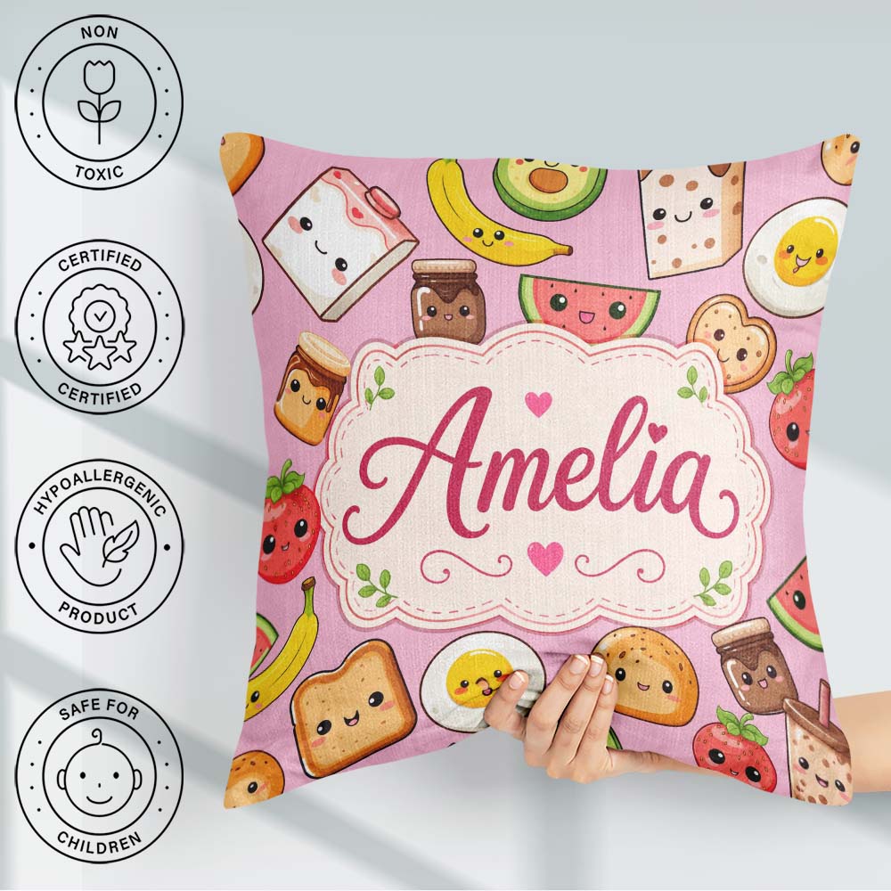 Custom Name Kawaii Breakfast Food Seamless Light Pink Background Square Filled Cushion Throw Pillow Sofa Bed Home Decor Zip Washable UK Made